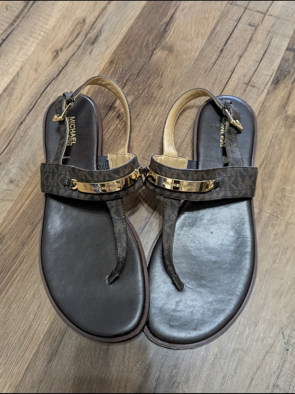 Michael Kors Brown Monogram Gold-Trim Thong Slingback Sandals